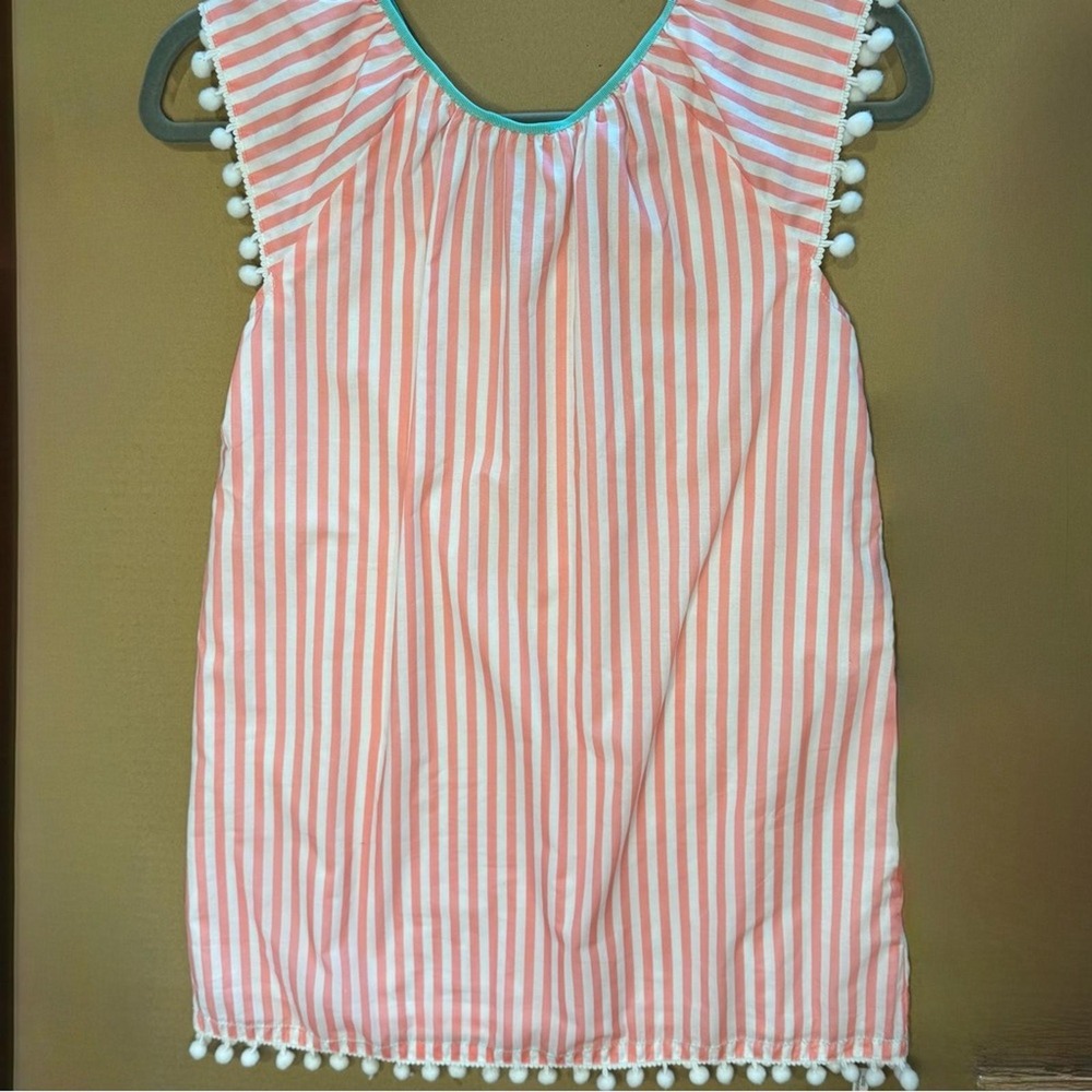 Girls Stripe Dress Pink White Pompom Ribbon Beach Lightweight Comfy